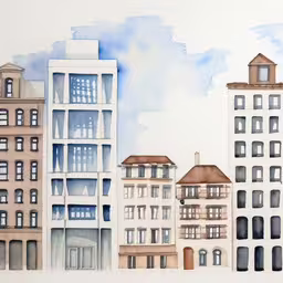 watercolor drawing of city buildings with blue sky in the background,a painting of many apartment buildings with a sky background,a painting of several tall buildings in front of a blue sky,watercolor paintings showing the architecture of a tall building,this is a watercolor painting of some buildings