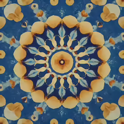 a psychedelic, blue and yellow abstract kalei polyester with flowers and leaves
