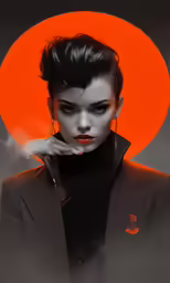 an artistic painting of a woman wearing black with red and orange moon behind her