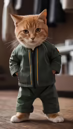 the cat is wearing a green uniform while standing on the floor