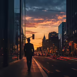 a man walking down the sidewalk with traffic in the background