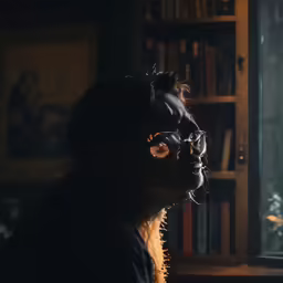 woman wearing goggles standing in front of book case