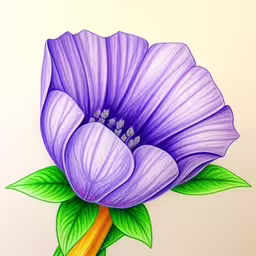 a drawing of a purple flower with green leaves,a colorful drawing of a flower on a paper,a purple flower is on a white sheet with green leaves,a painting of a large purple flower with green leaves,an artistic drawing of a flower that is purple and green