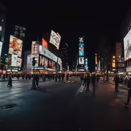 people in a big city street with many buildings and lights