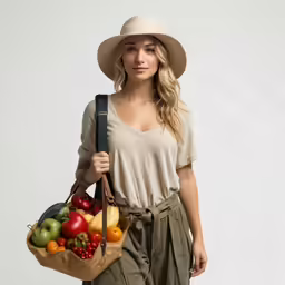 a blonde woman wearing a hat and carrying a basket full of fruit