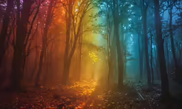 light coming through some trees in the dark