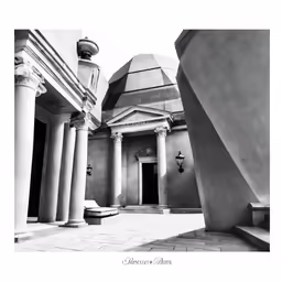 an architectural scene shows pillars and domes of a building, with a small statue on the corner