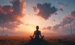 a woman in yoga position in the middle of a field with wind mills