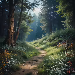 a lush green forest filled with flowers and trees
