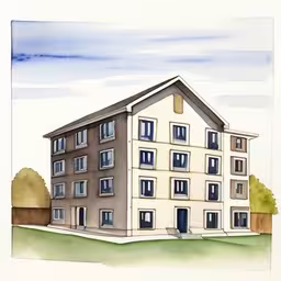 an image of a painting of a house on paper,a watercolor and pencil drawing of a two story home,a drawing of a large building on a green field,this is a drawing of a building that is on display,an architectural house is featured in this painting