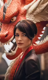 a girl is posing for a picture next to an asian dragon