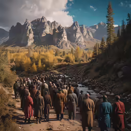 a large group of people walking up to the mountains
