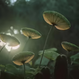 a cluster of mushrooms growing in the middle of a forest