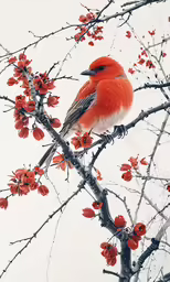 a red bird sitting on top of a cherry tree branch