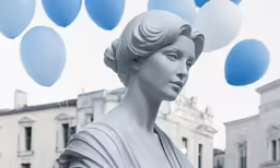 a close up of the head of a statue with balloons in the air