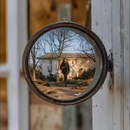 a reflection of a man and a tree outside
