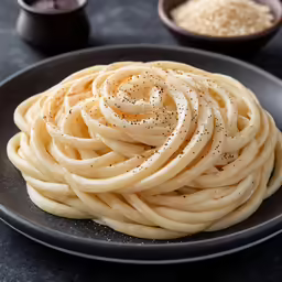 a black plate filled with pasta on top of a table