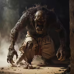 a creepy zombie is making its way through the dust