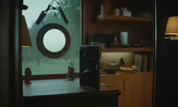 a camera sitting on top of a wooden table next to a window