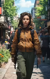 the woman is walking down the sidewalk while carrying something