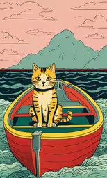 a cat sitting in a boat with mountains behind it,a cat sitting inside a boat on the water