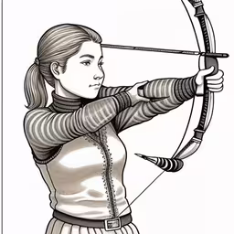 a girl is shooting with an arrow,the girl in a skirt holding a bow,the princess is aiming her bow at a shooting target,the character drawing has been drawn by person and has a black ink,a woman in a dress shoots an arrow
