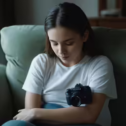 a girl with a camera sits on a green couch