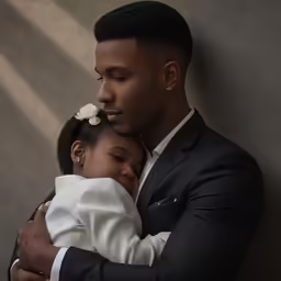a man in a suit and girl hug in his lap