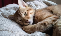 the kitten is sleeping on a blanket while being cuddled