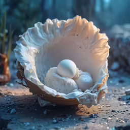 an empty white bowl filled with three small eggs