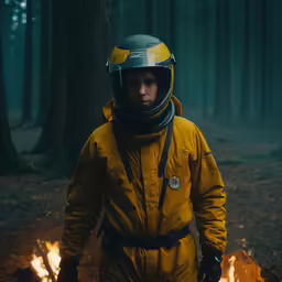 man in yellow with motorcycle helmet stands in front of fire