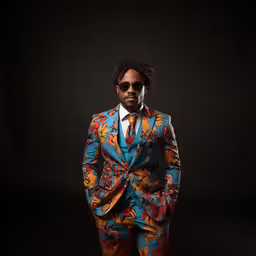 a man with dreadlocks in a colorful suit and sunglasses,a man in a colorful suit and tie