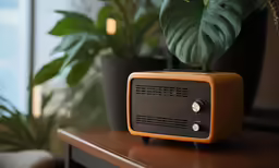 a small device sitting on a table near some plants