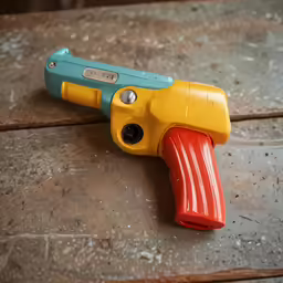 a blue and orange gun is lying on a wooden floor