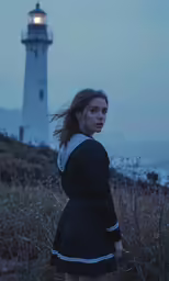 the woman is posing in front of the light house