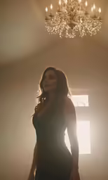 a woman stands in a room in front of a chandelier