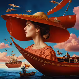 a woman with a hat in front of a boat and birds flying,a beautiful woman in a red hat by the water