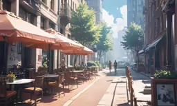 a narrow city sidewalk lined with outdoor tables and chairs