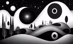 a night landscape with trees, mountains and a star
