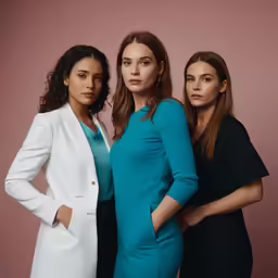 three woman standing together with one looking at the camera