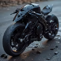 a motorcycle parked next to a road on some rocks