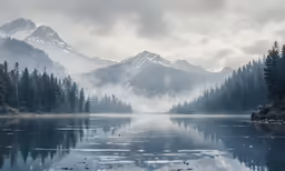 an image of the mountains with trees and mist