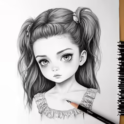 the artist draws on a pencil drawing a girl