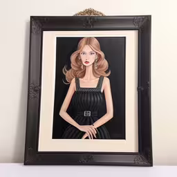 a painting that is on a wall near a candle,a painting of a beautiful blond woman is hanging on the wall,an artistic portrait of a woman in black dress,a black framed picture of a woman in a black dress,a portrait of a woman in a dress