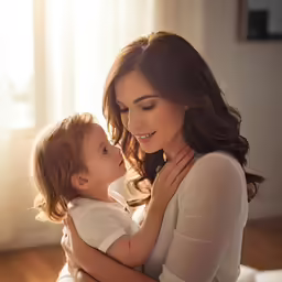 an adult woman and child hugging while sitting in front of a window