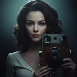 a woman holds a camera up in the dark
