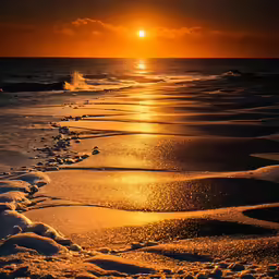 a sunset over the water from a beach