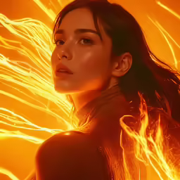 a woman is looking down with her face glowing in the background