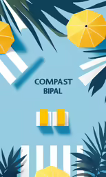 colorful flat design with palm leaves, yellow umbrellas and white stripes