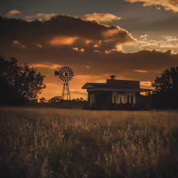 a farm house with a windmill at sunset